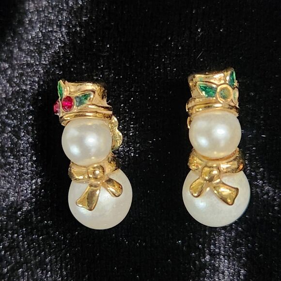 Set 4 Christmas Rhinestone Cluster Pins Brooch Wreath+ Avon Snowmen Earrings Vtg - Picture 4 of 9